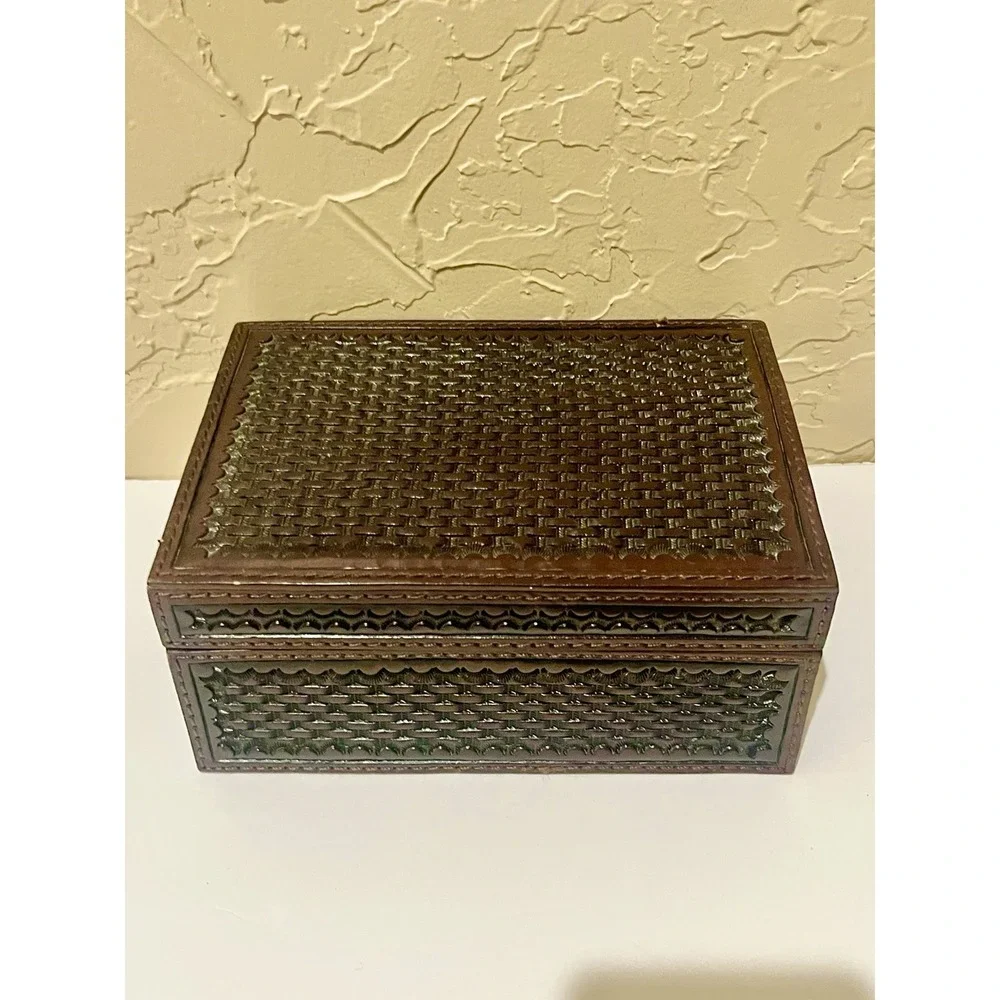Tooled Leather Basket Weave Trinket Box with Lid Western Office